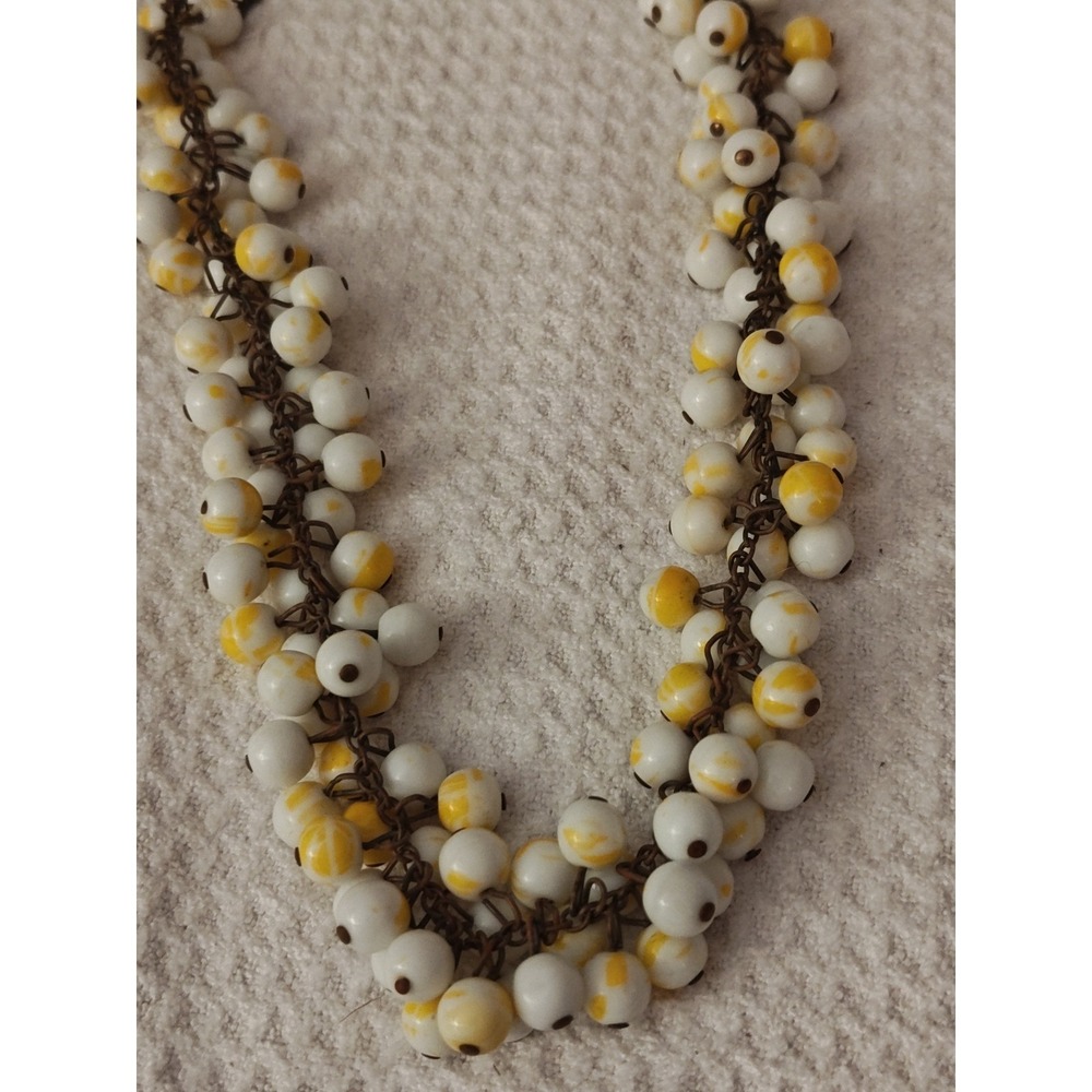 RARE Cluster Necklace White Yellow Dangle Marbled Bead Bronze‎ Chain
